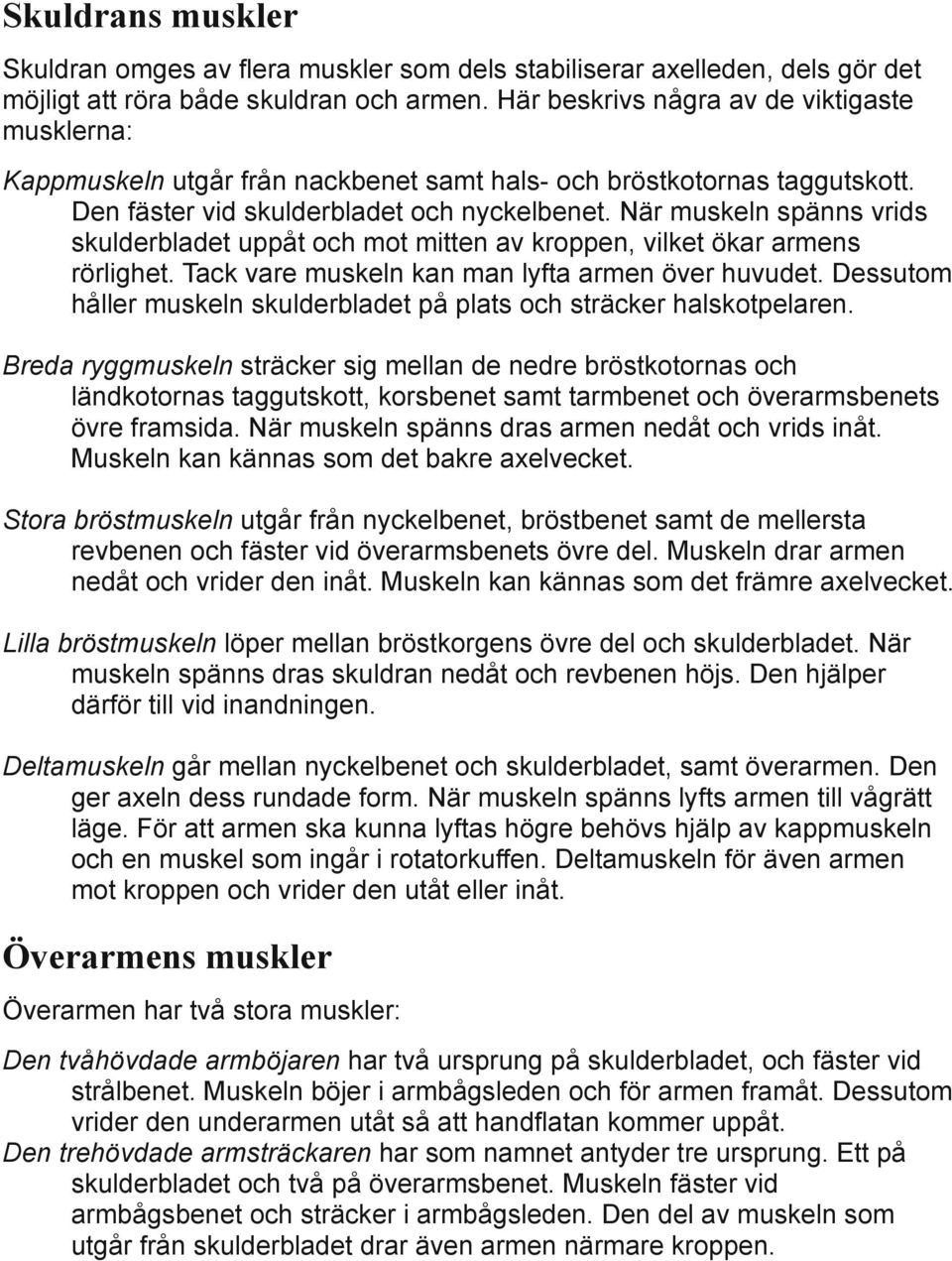 När muskeln spänns vrids skulderbladet uppåt och mot mitten av kroppen, vilket ökar armens rörlighet. Tack vare muskeln kan man lyfta armen över huvudet.