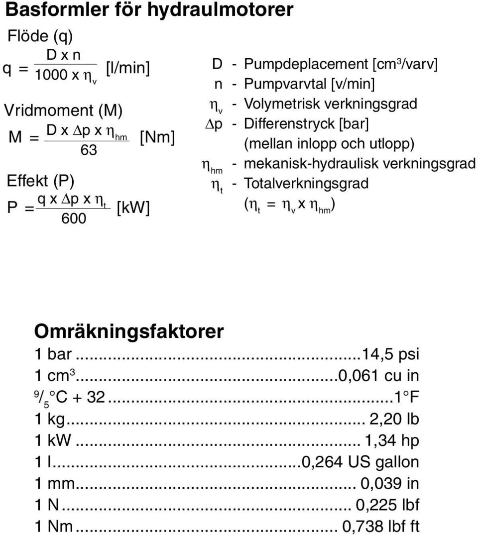 och utlopp) - mekanisk-hydraulisk verkningsgrad η t - Totalverkningsgrad (η t = η v x η hm ) η hm Omräkningsfaktorer 1 bar...14,5 psi 1 cm 3.