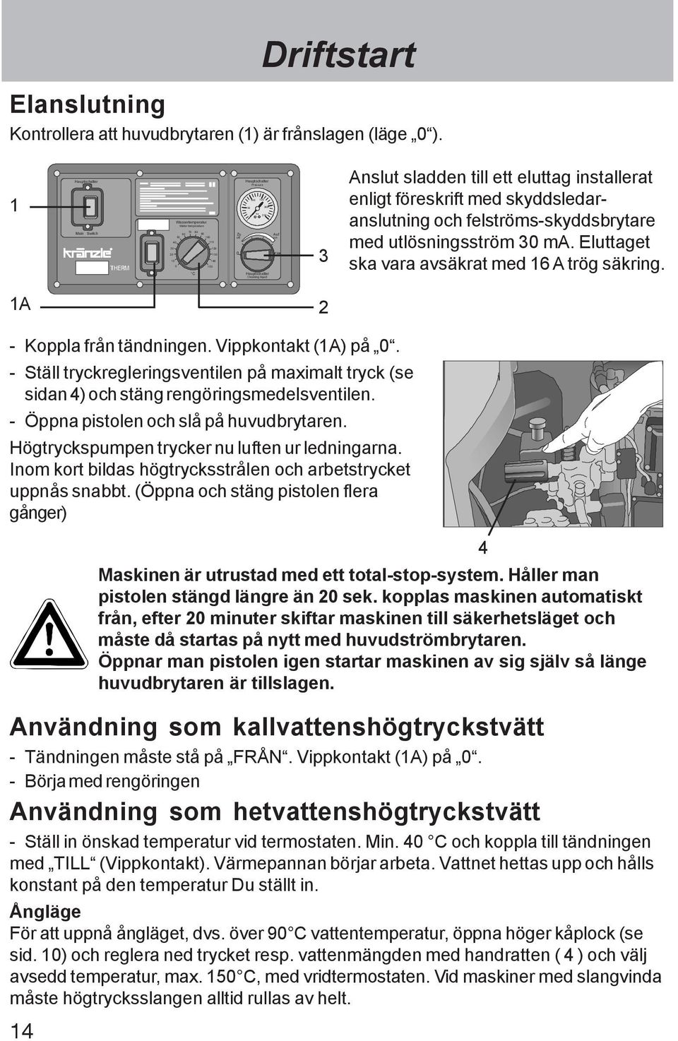 1 Hauptschalter Main Switch Wassertemperatur C Hauptschalter Zu Auf off on 0 Hauptschalter 3 Anslut sladden till ett eluttag installerat enligt föreskrift med skyddsledaranslutning och