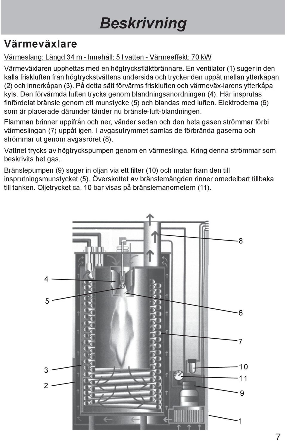 På detta sätt förvärms friskluften och värmeväx-larens ytterkåpa kyls. Den förvärmda luften trycks genom blandningsanordningen (4).