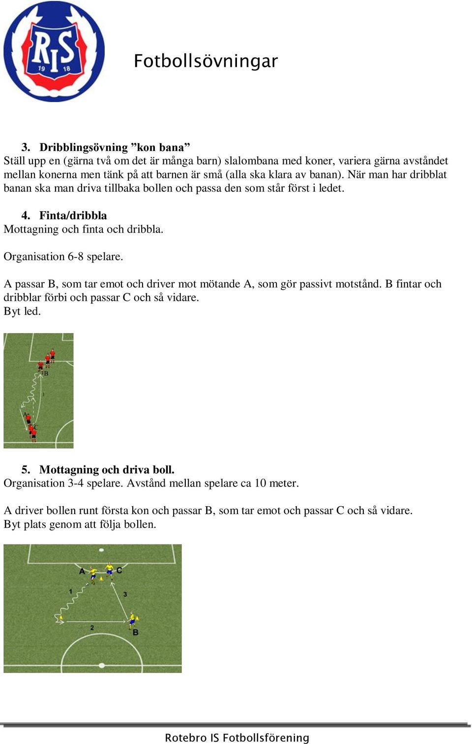 Organisation 6-8 spelare. A passar B, som tar emot och driver mot mötande A, som gör passivt motstånd. B fintar och dribblar förbi och passar C och så vidare. Byt led. 5.