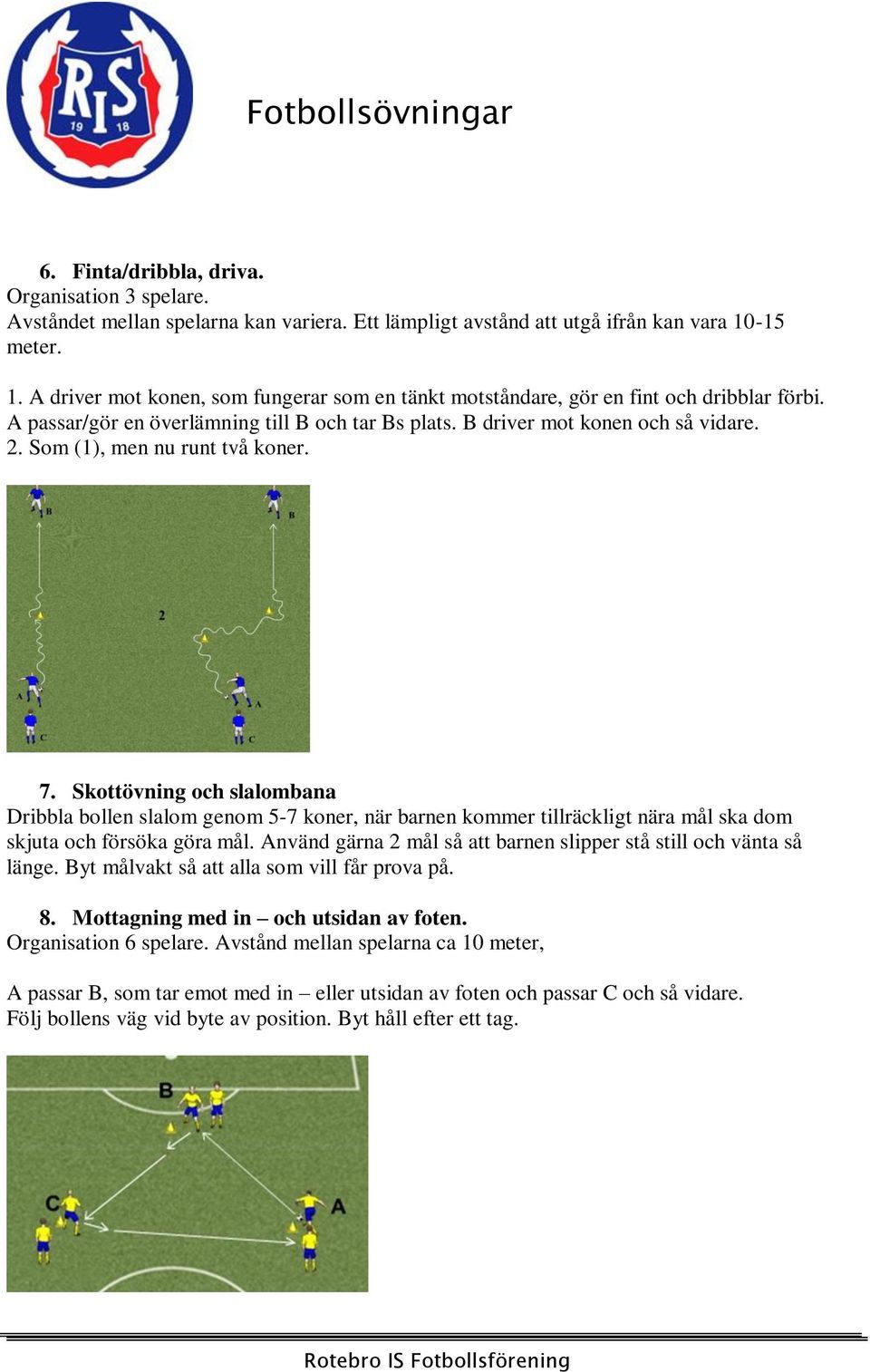 Som (1), men nu runt två koner. 7. Skottövning och slalombana Dribbla bollen slalom genom 5-7 koner, när barnen kommer tillräckligt nära mål ska dom skjuta och försöka göra mål.