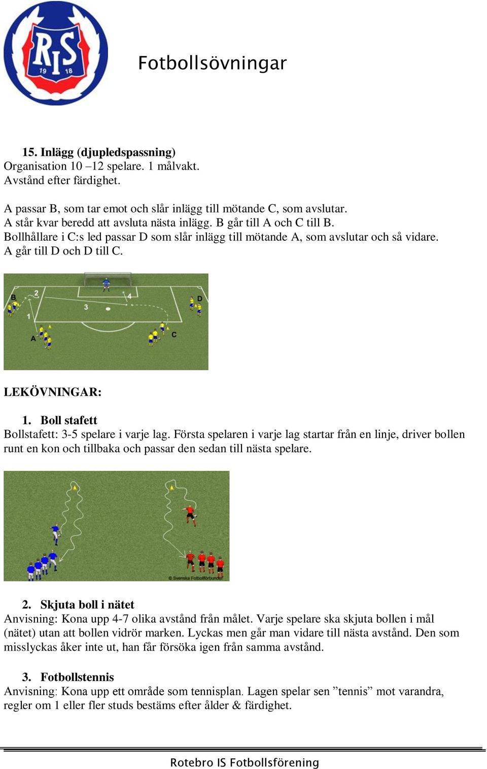 LEKÖVNINGAR: 1. Boll stafett Bollstafett: 3-5 spelare i varje lag. Första spelaren i varje lag startar från en linje, driver bollen runt en kon och tillbaka och passar den sedan till nästa spelare. 2.