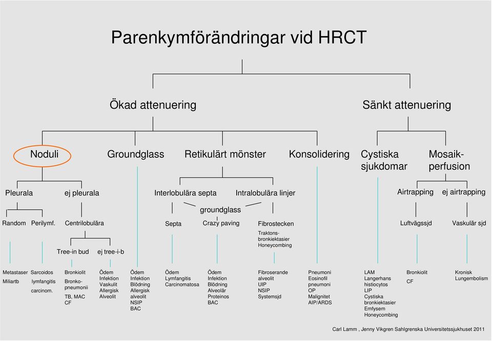 Centrilobulära Tree-in bud ej tree-i-b Septa Crazy paving Fibrostecken Luftvägssjd Vaskulär sjd Traktonsbronkiektasier Metastaser Sarcoidos Miliartb lymfangitis carcinom.