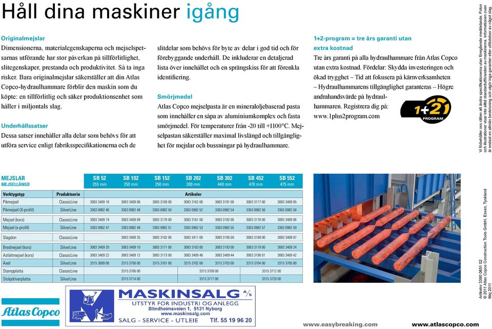 Så ta inga lista över innehållet och en sprängskiss för att förenkla risker. Bara originalmejslar säkerställer att din Atlas identifiering.