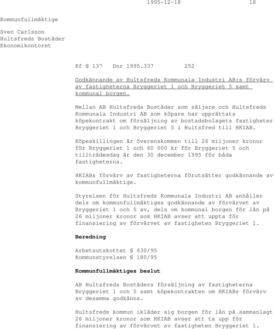Mellan AB Hultsfreds Bostäder som säljare och Hultsfreds Kommunala Industri AB som köpare har upprättats köpekontrakt om försäljning av bostadsbolagets fastigheter Bryggeriet 1 och Bryggeriet 5 i