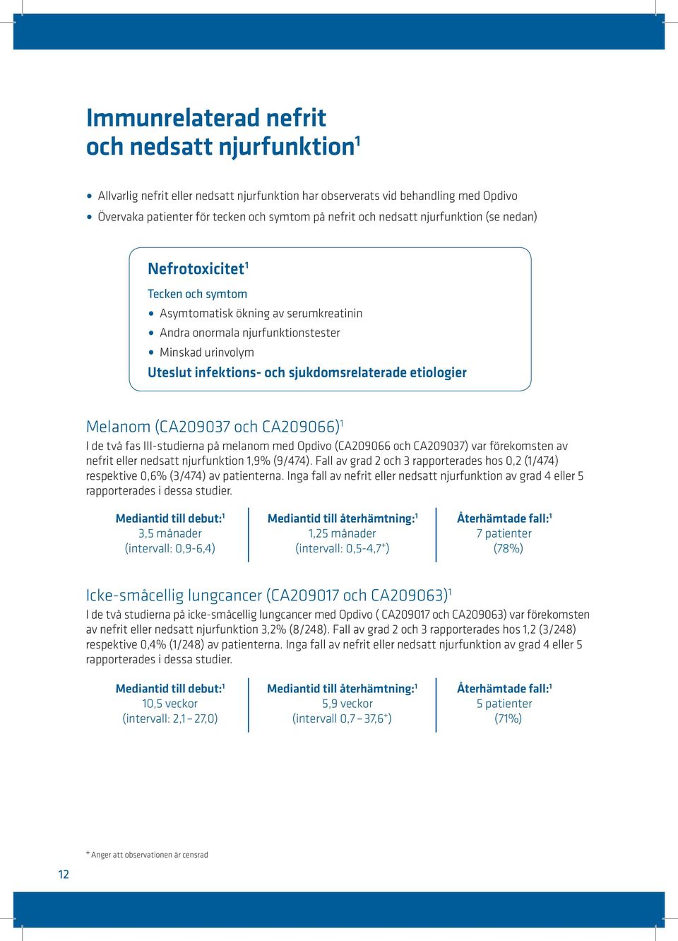 etiologier Melanom (CA209037 och CA209066) 1 I de två fas III-studierna på melanom med Opdivo (CA209066 och CA209037) var förekomsten av nefrit eller nedsatt njurfunktion 1,9% (9/474).