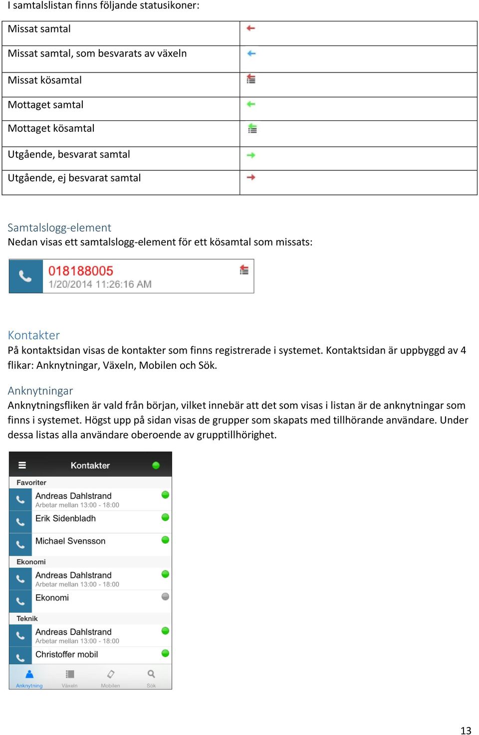 registrerade i systemet. Kontaktsidan är uppbyggd av 4 flikar: Anknytningar, Växeln, Mobilen och Sök.