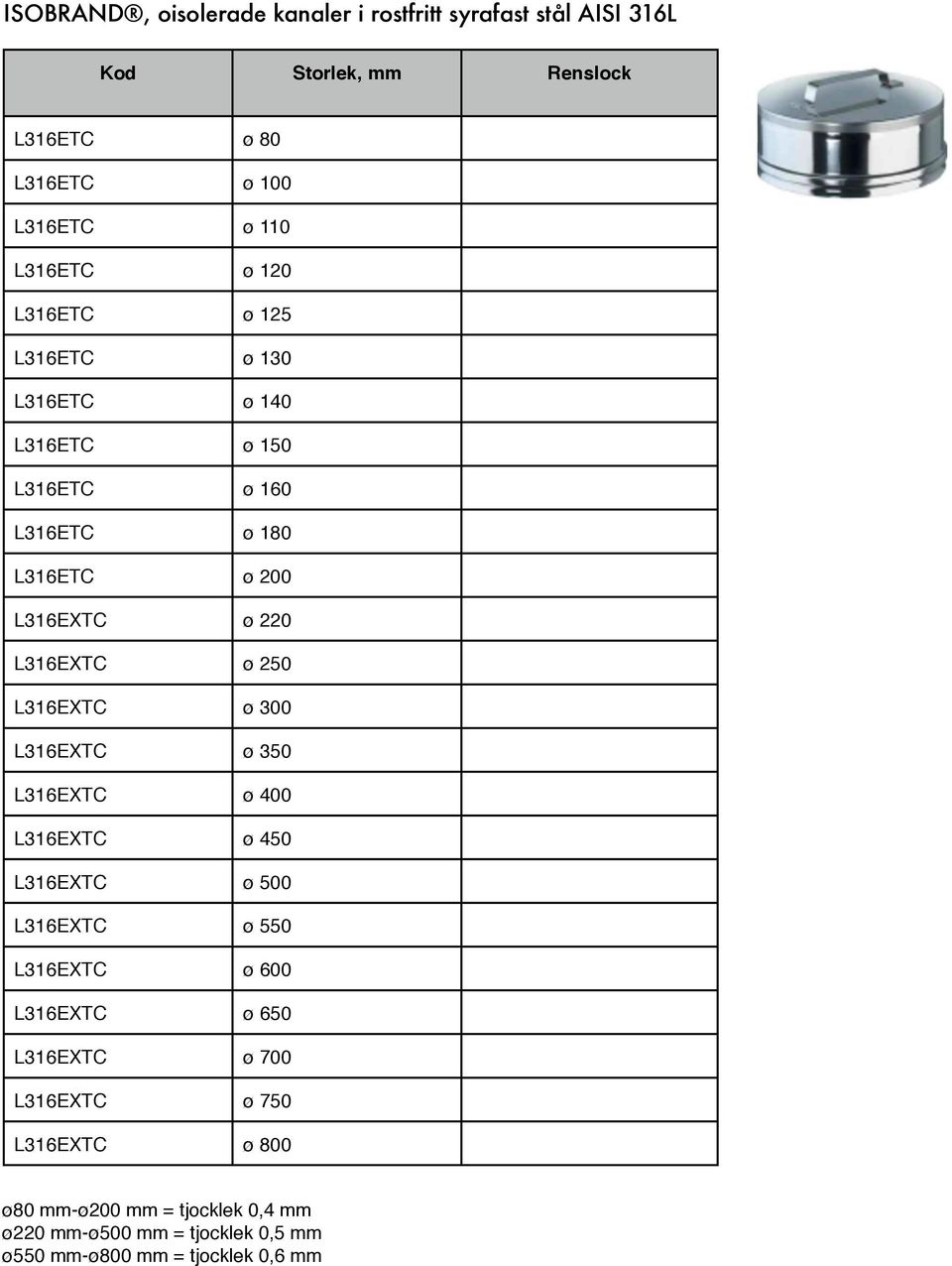 L316EXTC ø 220 L316EXTC ø 250 L316EXTC ø 300 L316EXTC ø 350 L316EXTC ø 400 L316EXTC ø 450