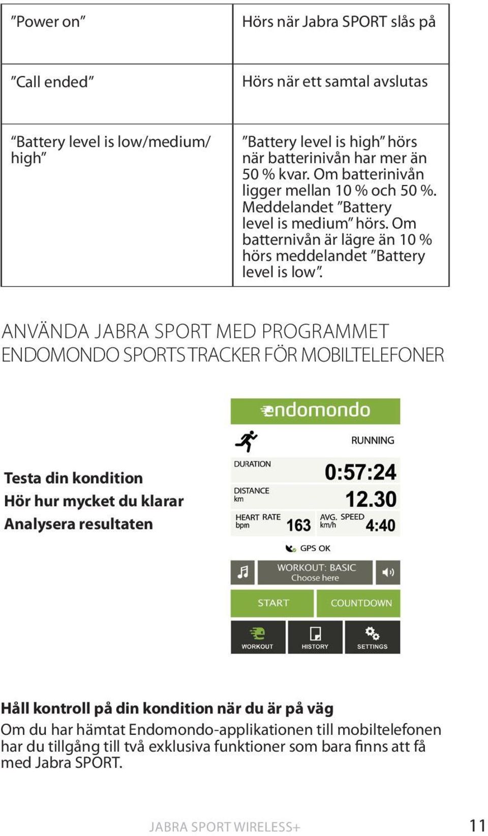 ANVÄNDA JABRA SPORT MED PROGRAMMET ENDOMONDO SPORTS TRACKER FÖR MOBILTELEFONER Testa din kondition Hör hur mycket du klarar Analysera resultaten Håll kontroll på din