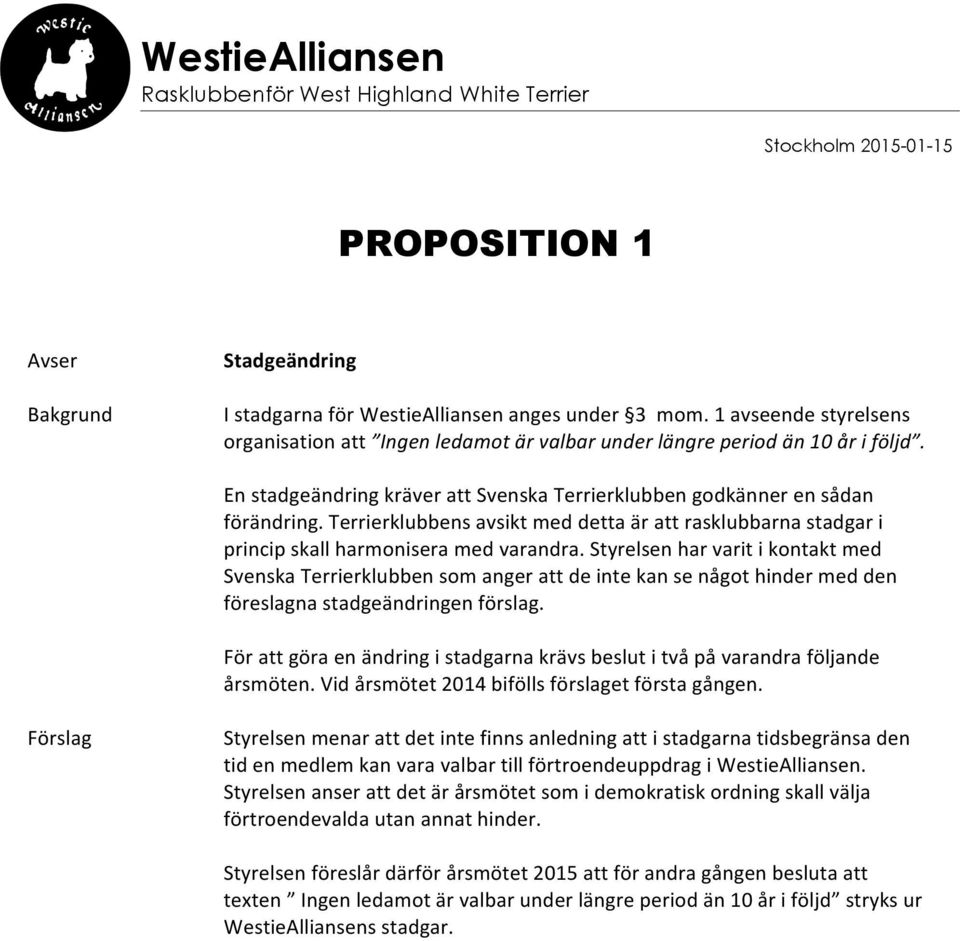 Terrierklubbens avsikt med detta är att rasklubbarna stadgar i princip skall harmonisera med varandra.
