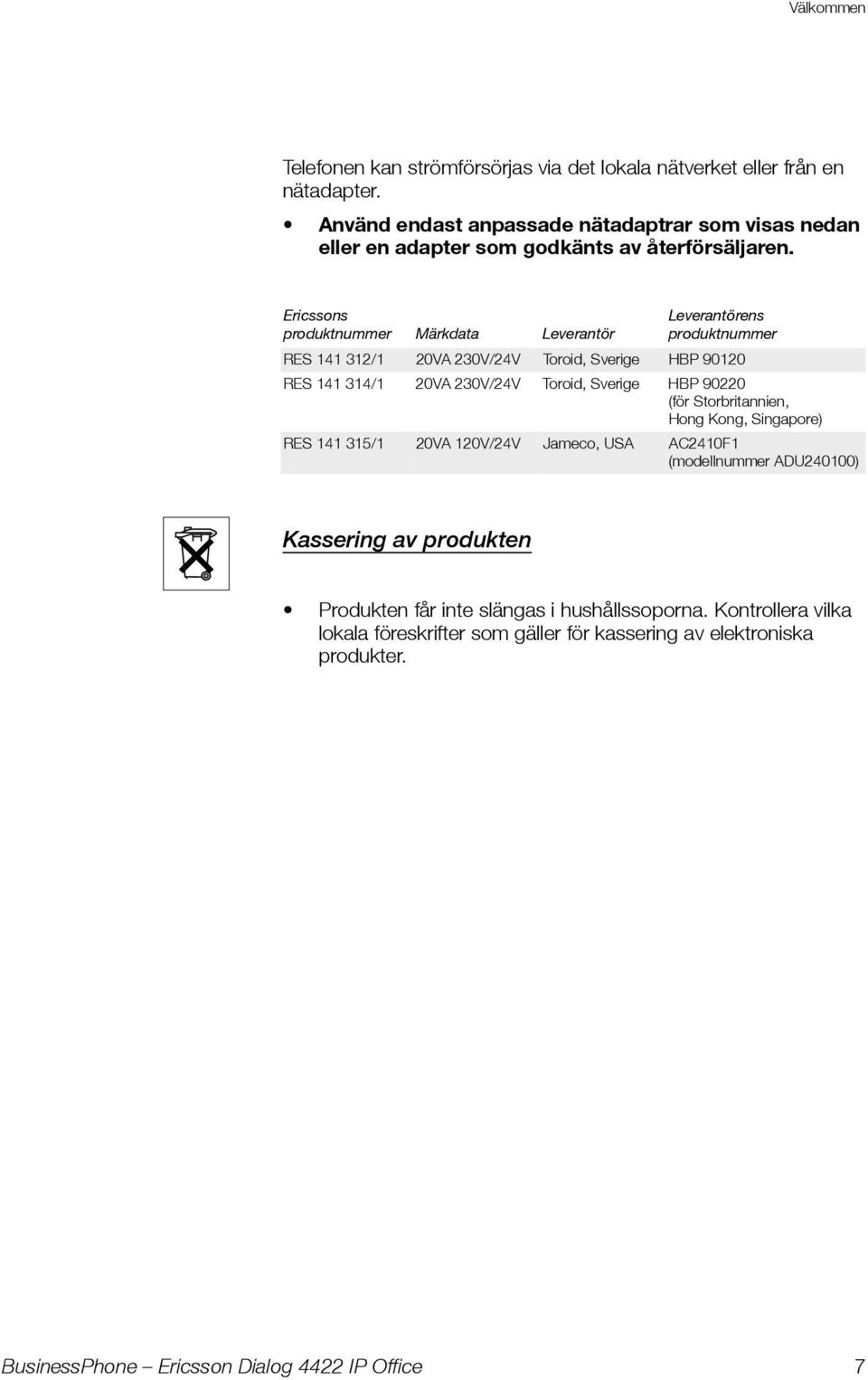 Ericssons produktnummer Märkdata Leverantör Leverantörens produktnummer RES 141 312/1 20VA 230V/24V Toroid, Sverige HBP 90120 RES 141 314/1 20VA 230V/24V Toroid,