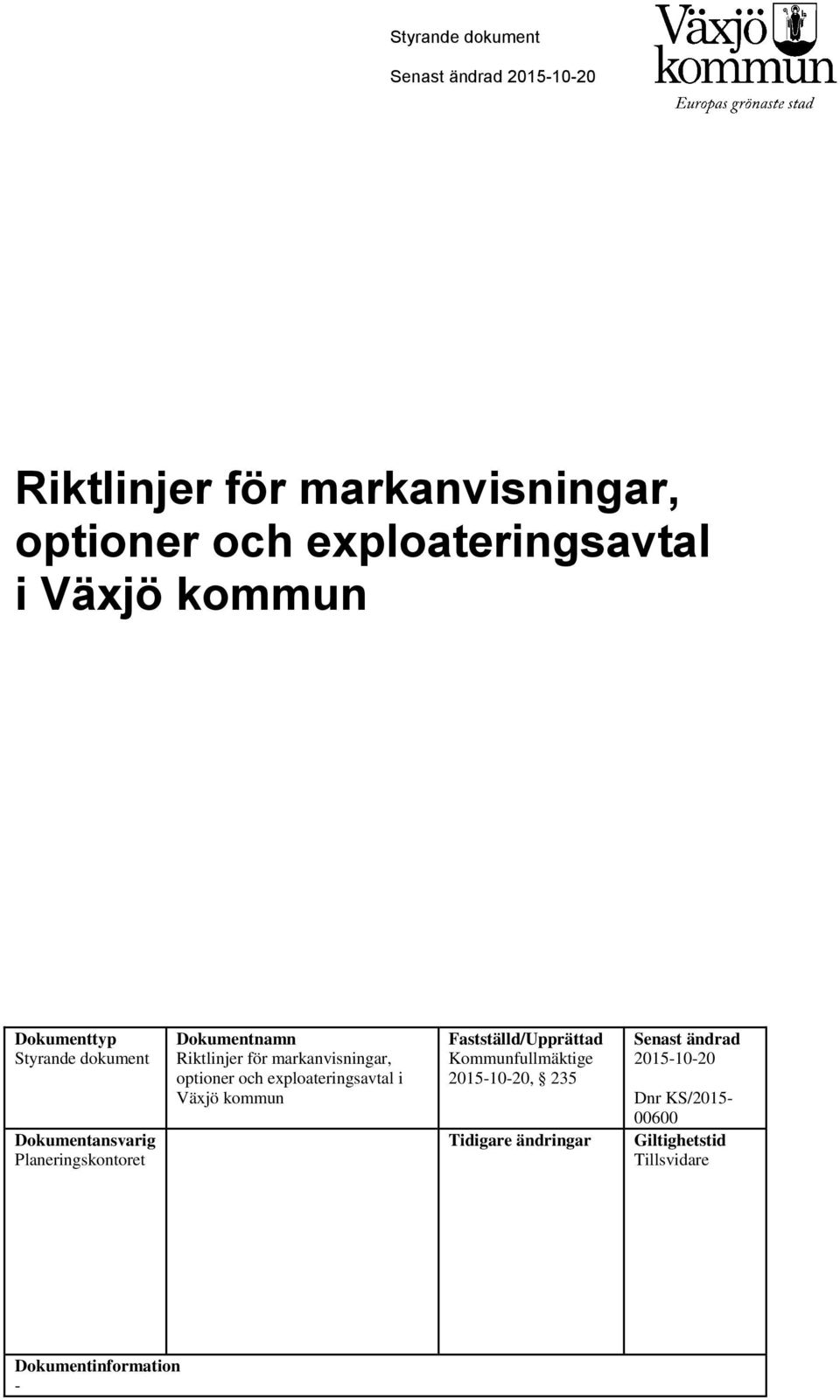 markanvisningar, optioner och exploateringsavtal i Växjö kommun Fastställd/Upprättad Kommunfullmäktige