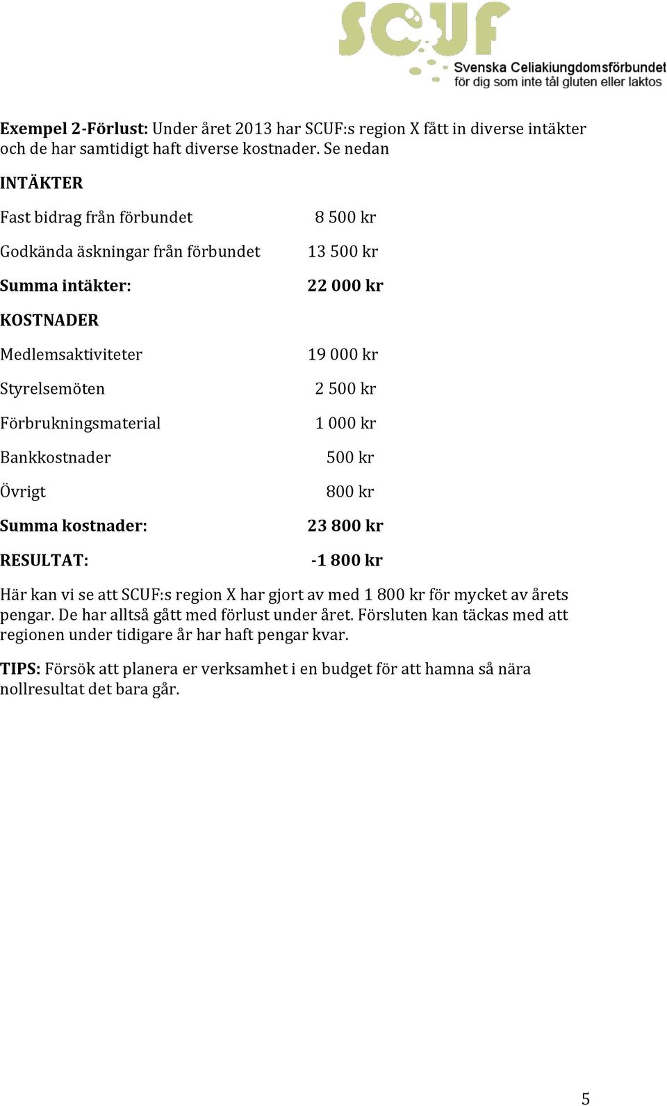 Förbrukningsmaterial Bankkostnader Övrigt Summa kostnader: RESULTAT: 19 000 kr 2 500 kr 1 000 kr 500 kr 800 kr 23 800 kr - 1 800 kr Här kan vi se att SCUF:s region X har gjort av med