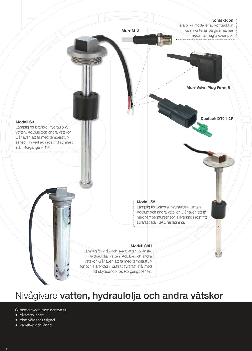 Deutsch DT04-2P Modell S5 Lämplig för bränsle, hydraulolja, vatten, AdBlue och andra vätskor. Går även att få med temperatursensor. Tillverkad i rostfritt syrafast stål. SAE håltagning.