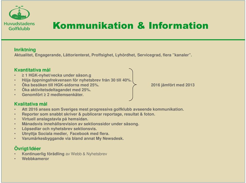 Att 2016 anses som Sveriges mest progressiva golfklubb avseende kommunikation. Reporter som snabbt skriver & publicerar reportage, resultat & foton. Virtuell anslagstavla på hemsidan.