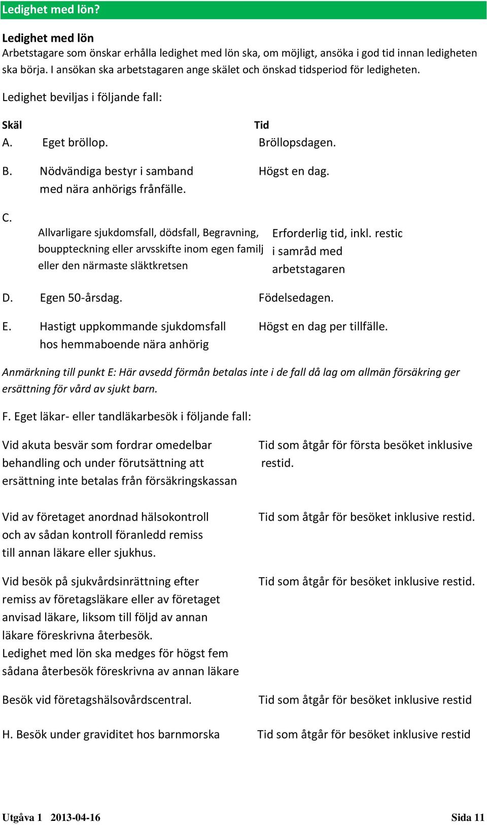 med nära anhörigs frånfälle. C. Allvarligare sjukdomsfall, dödsfall, Begravning, bouppteckning eller arvsskifte inom egen familj eller den närmaste släktkretsen Erforderlig tid, inkl.