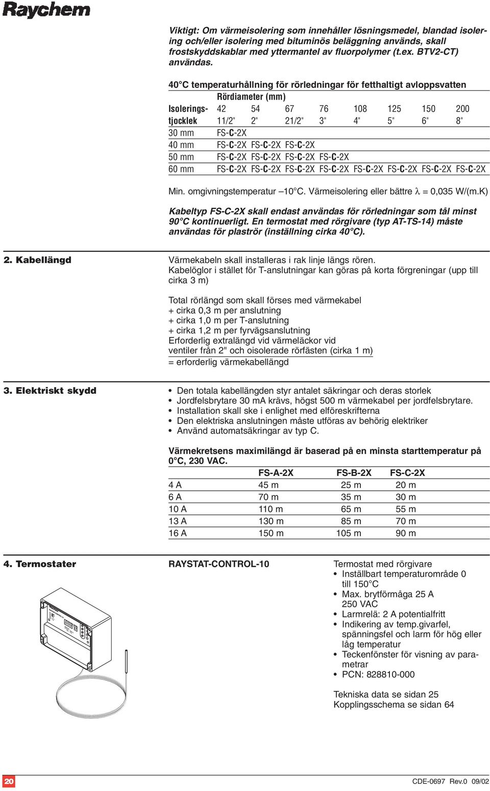 40 C temperaturhållning för rörledningar för fetthaltigt avloppsvatten Rördiameter (mm) Isolerings- 42 54 67 76 108 125 150 200 tjocklek 11/2" 2" 21/2" 3" 4" 5" 6" 8" 30 mm FS-C-2X 40 mm FS-C-2X