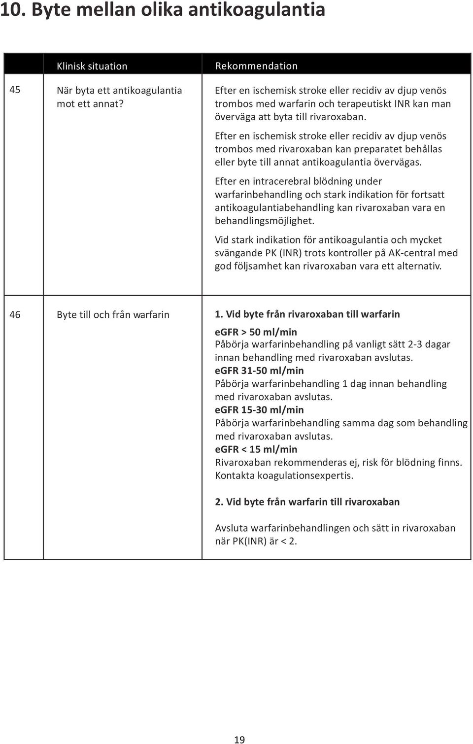 Efter en ischemisk stroke eller recidiv av djup venös trombos med rivaroxaban kan preparatet behållas eller byte till annat antikoagulantia övervägas.