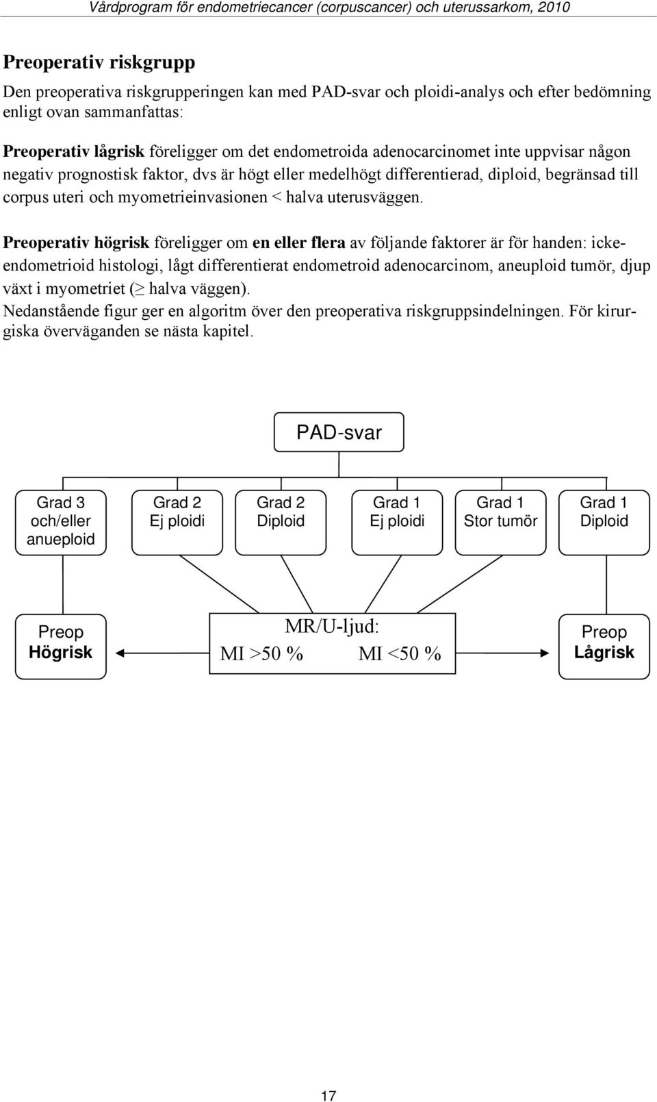 Preoperativ högrisk föreligger om en eller flera av följande faktorer är för handen: ickeendometrioid histologi, lågt differentierat endometroid adenocarcinom, aneuploid tumör, djup växt i myometriet