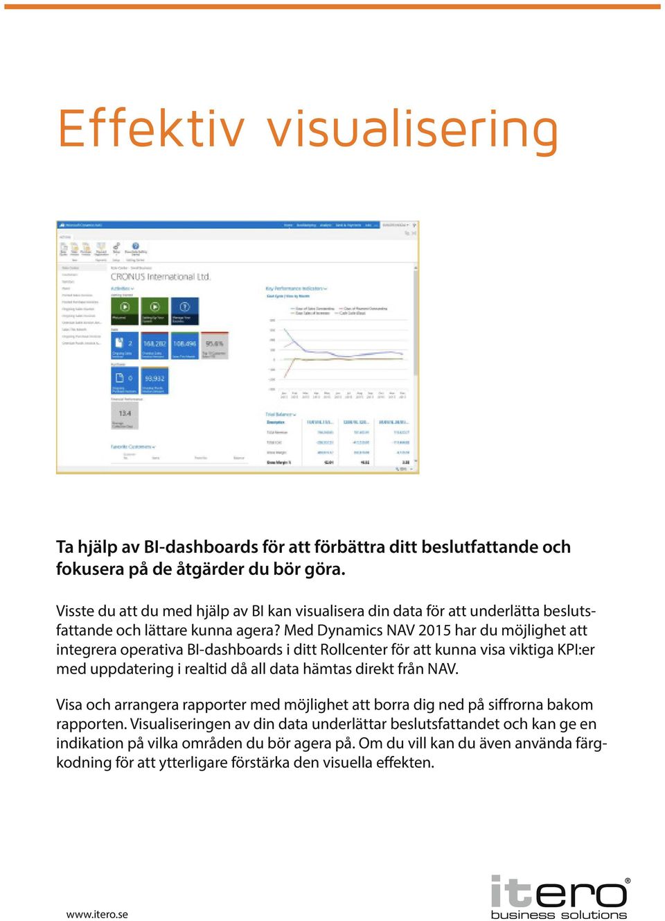 Med Dynamics NAV 2015 har du möjlighet att integrera operativa BI-dashboards i ditt Rollcenter för att kunna visa viktiga KPI:er med uppdatering i realtid då all data hämtas direkt från NAV.