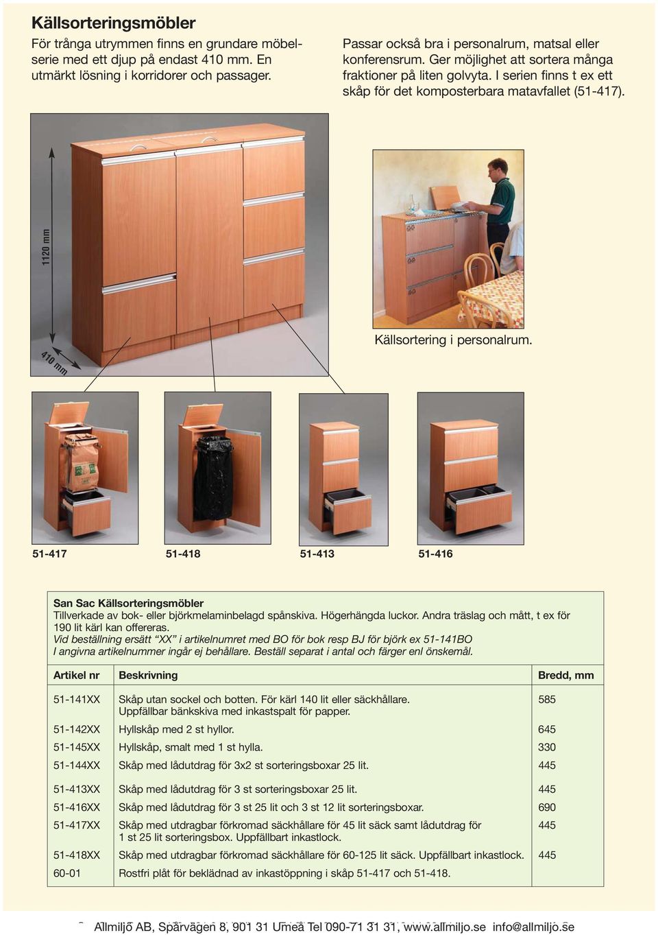 1120 mm Källsortering i personalrum. 410 mm 51-417 51-418 51-413 51-416 San Sac Källsorteringsmöbler Tillverkade av bok- eller björkmelaminbelagd spånskiva. Högerhängda luckor.