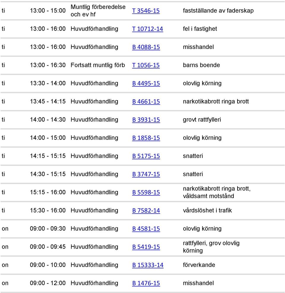 ti 14:00-15:00 Huvudförhandling B 1858-15 olovlig körning ti 14:15-15:15 Huvudförhandling B 5175-15 snatteri ti 14:30-15:15 Huvudförhandling B 3747-15 ti 15:15-16:00 Huvudförhandling B 5598-15 ti