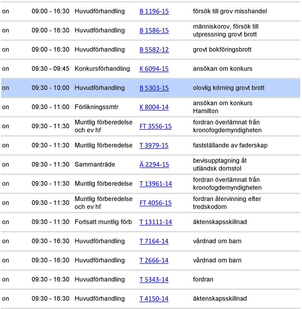 09:30-11:30 T 3979-15 on 09:30-11:30 Sammanträde Ä 2294-15 on 09:30-11:30 T 13961-14 on 09:30-11:30 FT 4056-15 on 09:30-11:30 Fortsatt muntlig förb T 13111-14 Hamilton fastställande av faderskap