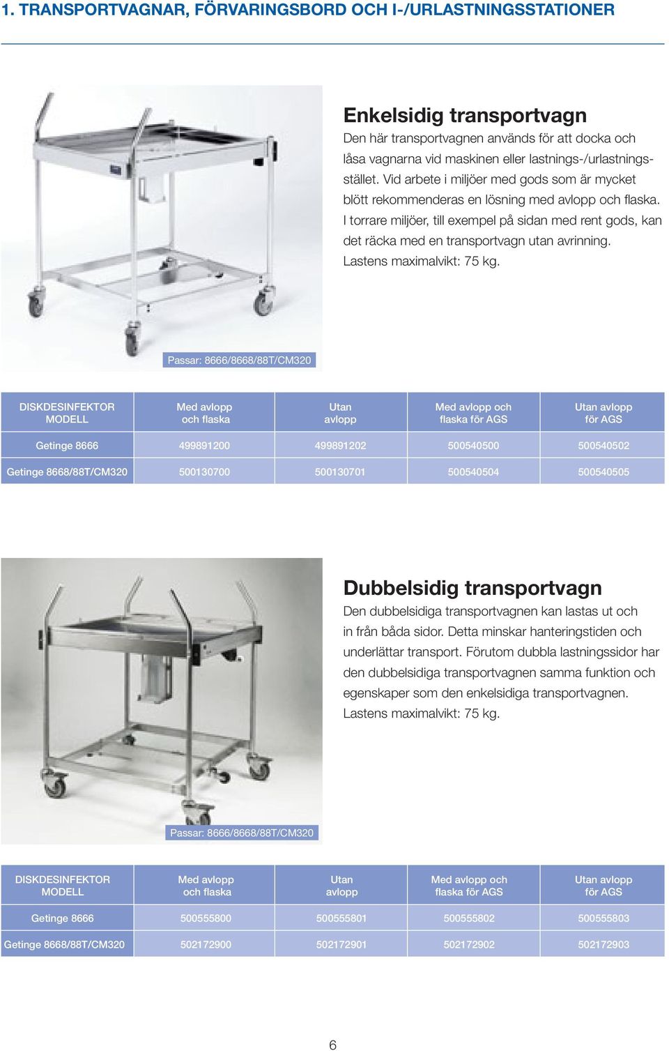 I torrare miljöer, till exempel på sidan med rent gods, kan det räcka med en transportvagn utan avrinning. Lastens maximalvikt: 75 kg.