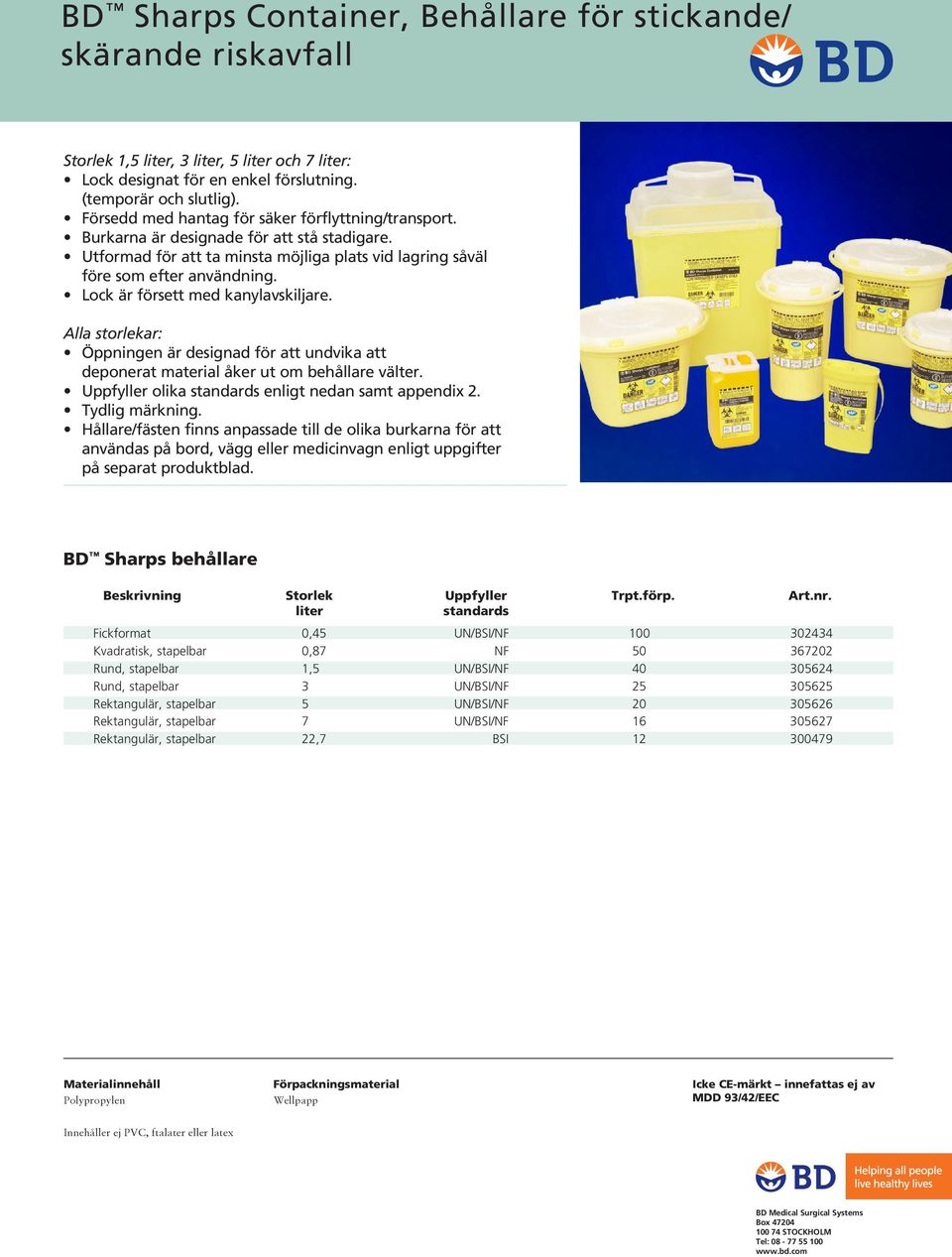 Lock är försett med kanylavskiljare. Alla storlekar: Öppningen är designad för att undvika att deponerat material åker ut om behållare välter. Uppfyller olika standards enligt nedan samt appendix 2.