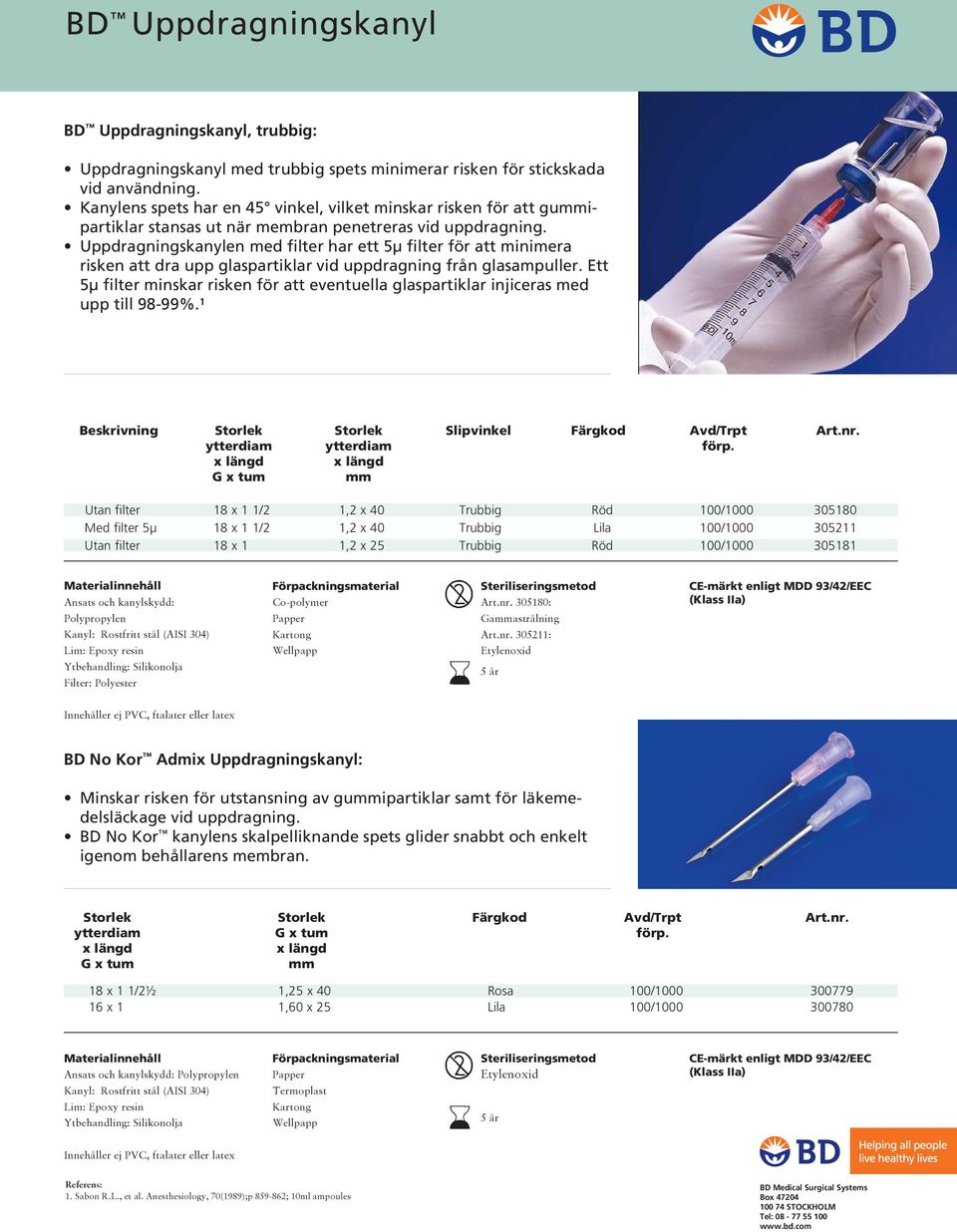 Uppdragningskanylen med filter har ett 5µ filter för att minimera risken att dra upp glaspartiklar vid uppdragning från glasampuller.