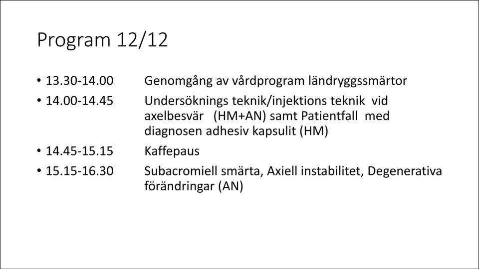 teknik/injektions teknik vid axelbesvär (HM+AN) samt Patientfall med