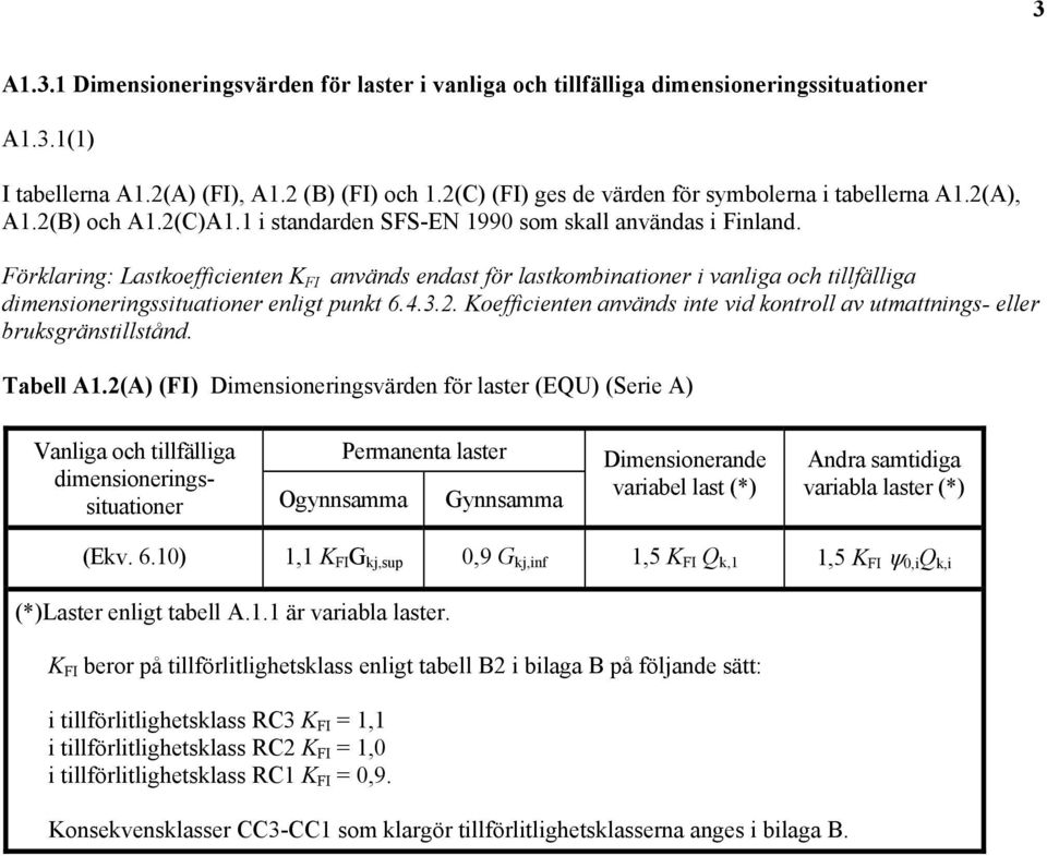 Förklaring: Lastkoefficienten K FI används endast för lastkombinationer i vanliga och tillfälliga dimensioneringssituationer enligt punkt 6.4.3.2.