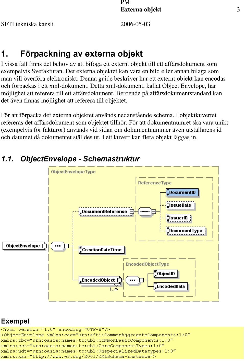 Detta xml-dokument, kallat Object Envelope, har möjlighet att referera till ett affärsdokument. Beroende på affärsdokumentstandard kan det även finnas möjlighet att referera till objektet.