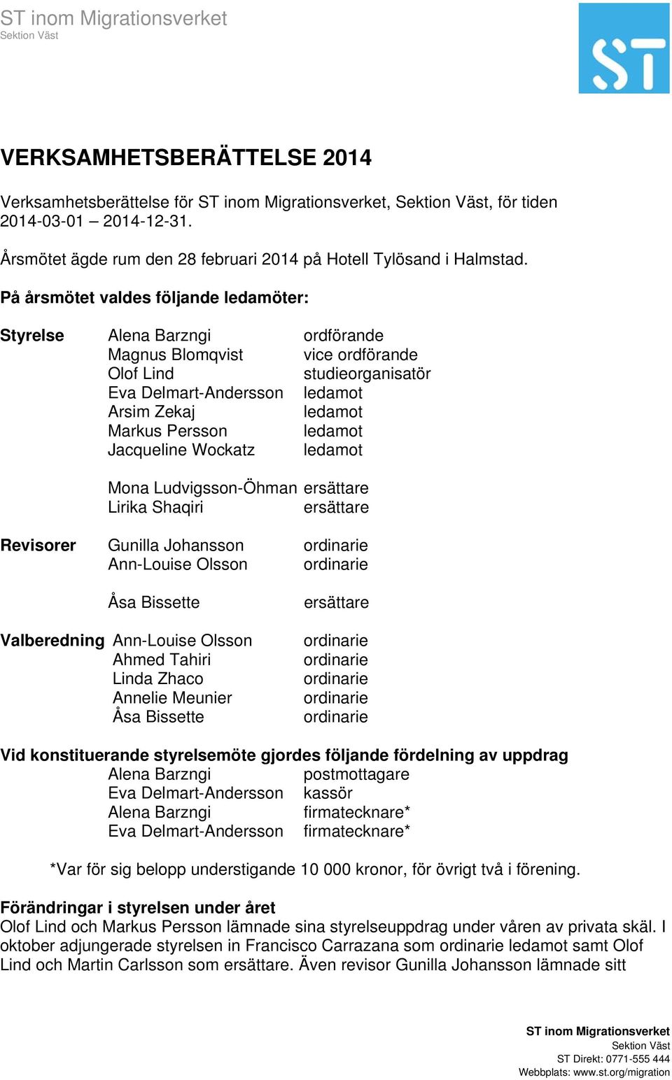 På årsmötet valdes följande ledamöter: Styrelse Alena Barzngi ordförande Magnus Blomqvist vice ordförande Olof Lind studieorganisatör Eva Delmart-Andersson ledamot Arsim Zekaj ledamot Markus Persson