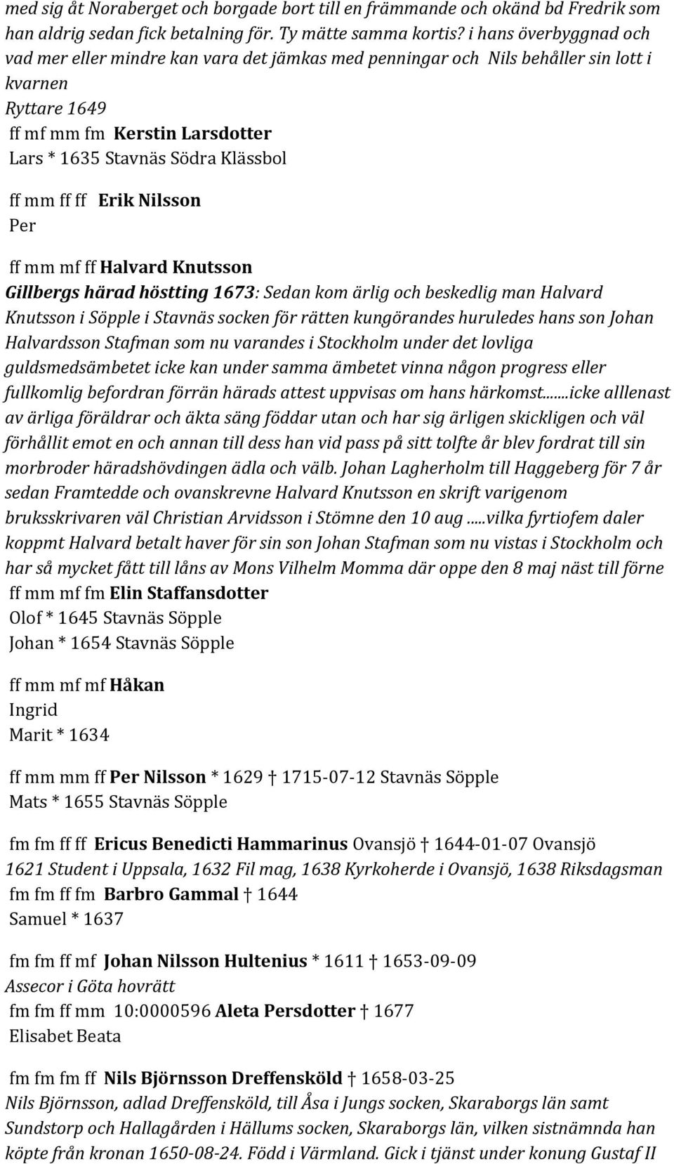 ff ff Erik Nilsson Per ff mm mf ff Halvard Knutsson Gillbergs härad höstting 1673: Sedan kom ärlig och beskedlig man Halvard Knutsson i Söpple i Stavnäs socken för rätten kungörandes huruledes hans