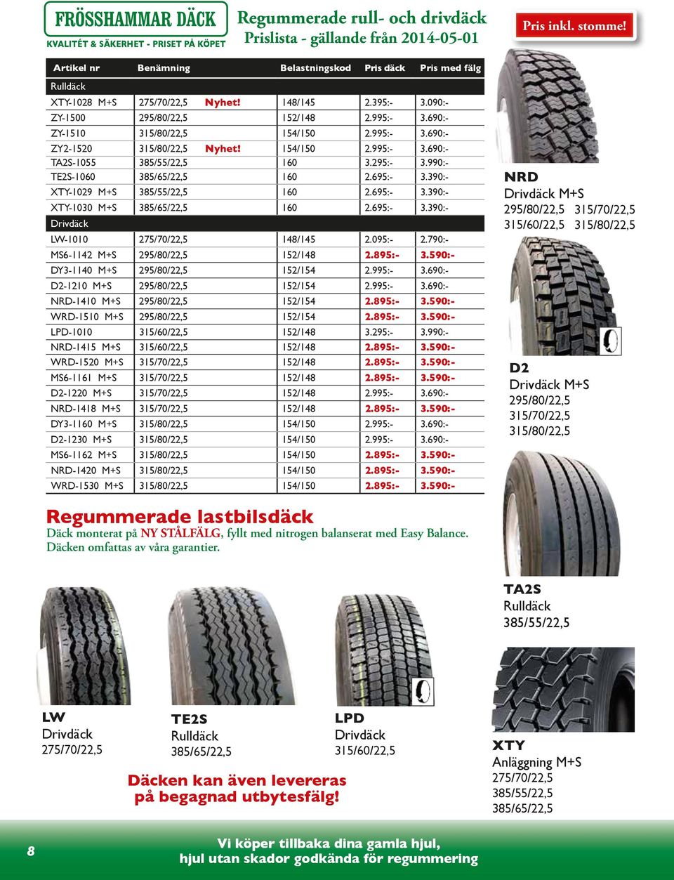 154/150 2.995:- 3.690:- TA2S-1055 385/55/22,5 160 3.295:- 3.990:- TE2S-1060 160 2.695:- 3.390:- XTY-1029 M+S 385/55/22,5 160 2.695:- 3.390:- XTY-1030 M+S 160 2.695:- 3.390:- Drivdäck LW-1010 275/70/22,5 148/145 2.