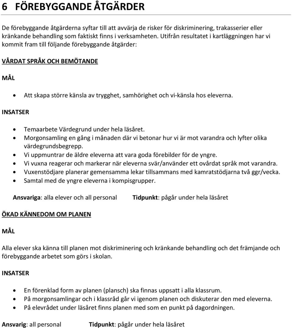 INSATSER Temaarbete Värdegrund under hela läsåret. Morgonsamling en gång i månaden där vi betonar hur vi är mot varandra och lyfter olika värdegrundsbegrepp.