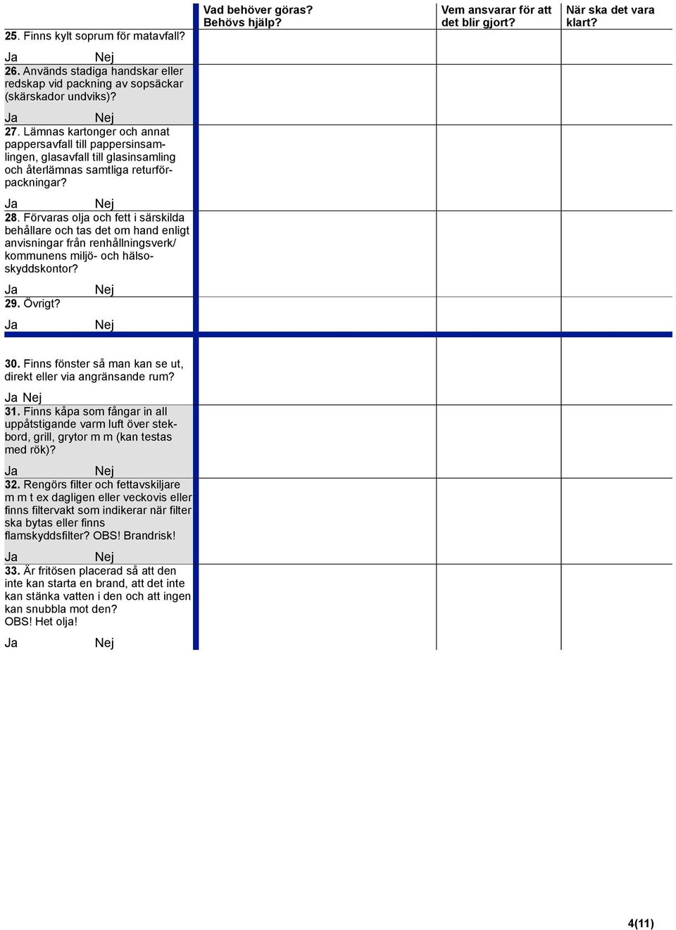 Förvaras olja och fett i särskilda behållare och tas det om hand enligt anvisningar från renhållningsverk/ kommunens miljö- och hälsoskyddskontor? 29. Övrigt? KÖK OCH KALLSKÄNK 30.