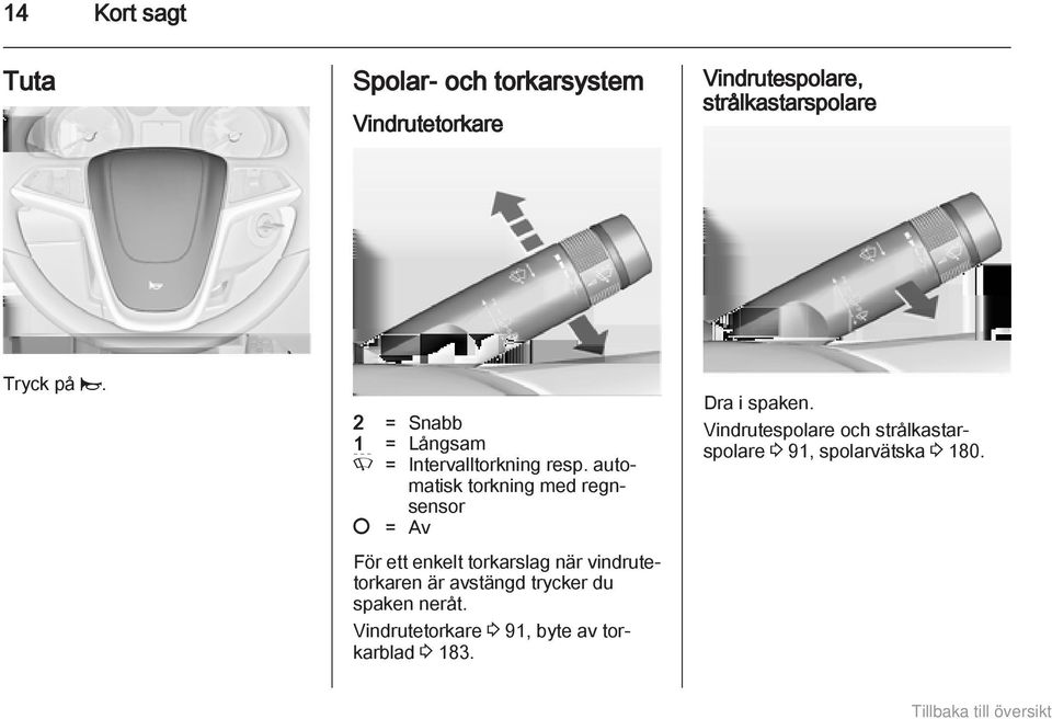 automatisk torkning med regnsensor = Av För ett enkelt torkarslag när vindrutetorkaren är avstängd