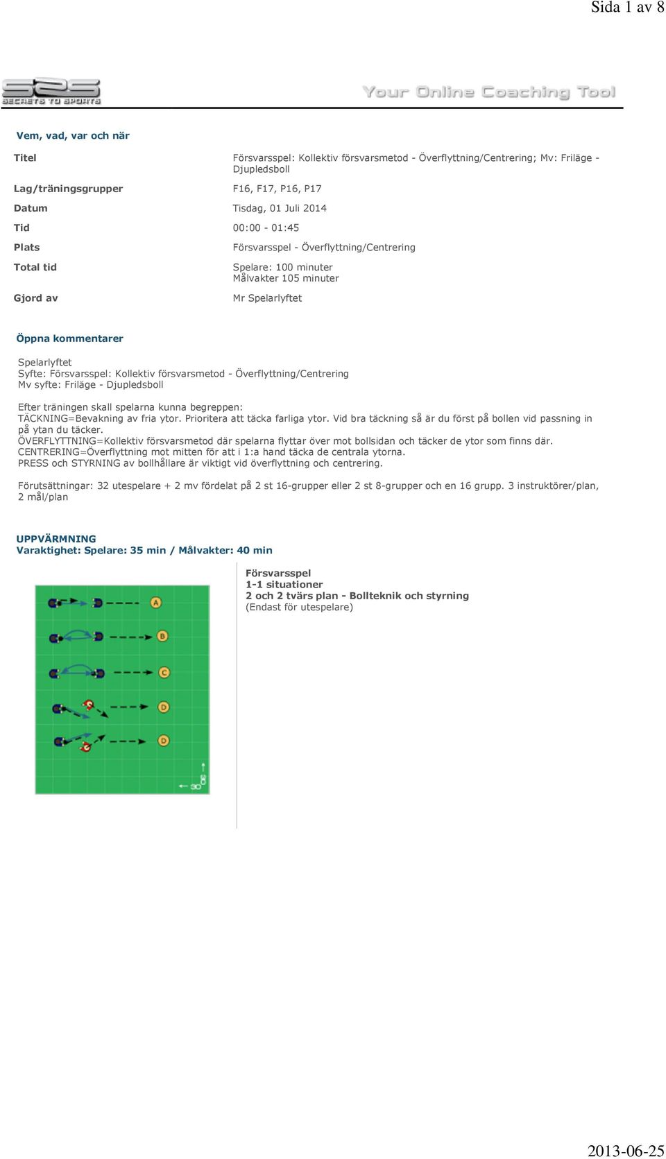 Överflyttning/Centrering Mv syfte: Friläge - Djupledsboll Efter träningen skall spelarna kunna begreppen: TÄCKNING=Bevakning av fria ytor. Prioritera att täcka farliga ytor.