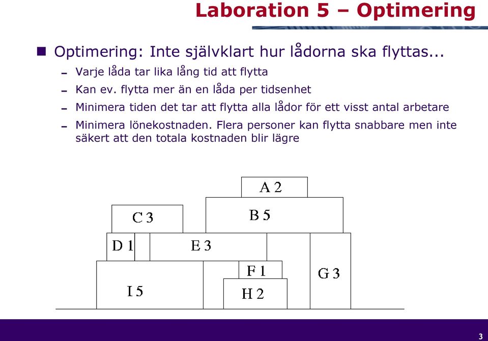 flytta mer än en låda per tidsenhet Minimera tiden det tar att flytta alla lådor för