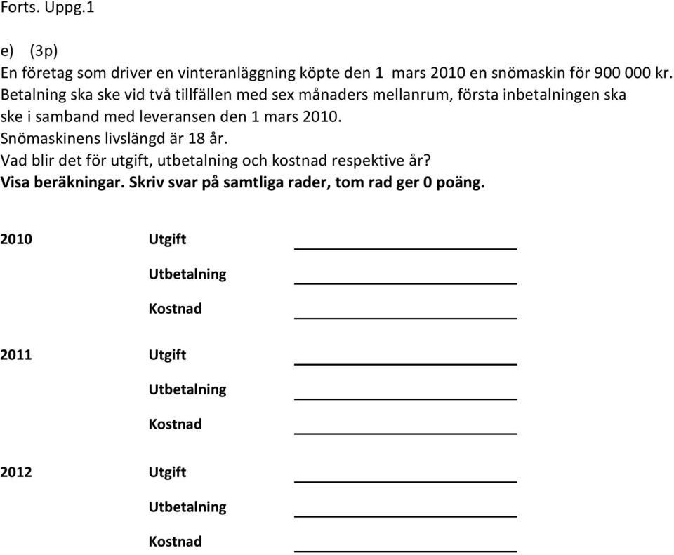 mars 2010. Snömaskinens livslängd är 18 år. Vad blir det för utgift, utbetalning och kostnad respektive år? Visa beräkningar.