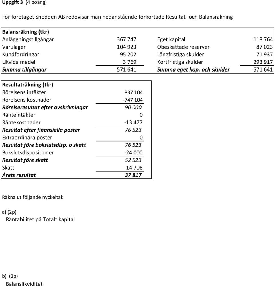 och skulder 571 641 Resultaträkning (tkr) Rörelsens intäkter 837 104 Rörelsens kostnader -747 104 Rörelseresultat efter avskrivningar 90 000 Ränteintäkter 0 Räntekostnader -13 477 Resultat efter