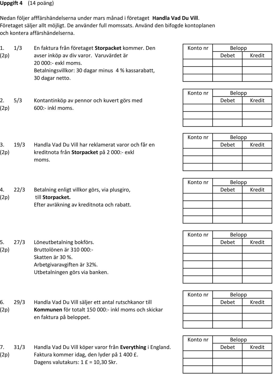 Varuvärdet är Debet Kredit 20 000:- exkl moms. Betalningsvillkor: 30 dagar minus 4 % kassarabatt, 30 dagar netto. Konto nr Belopp 2.