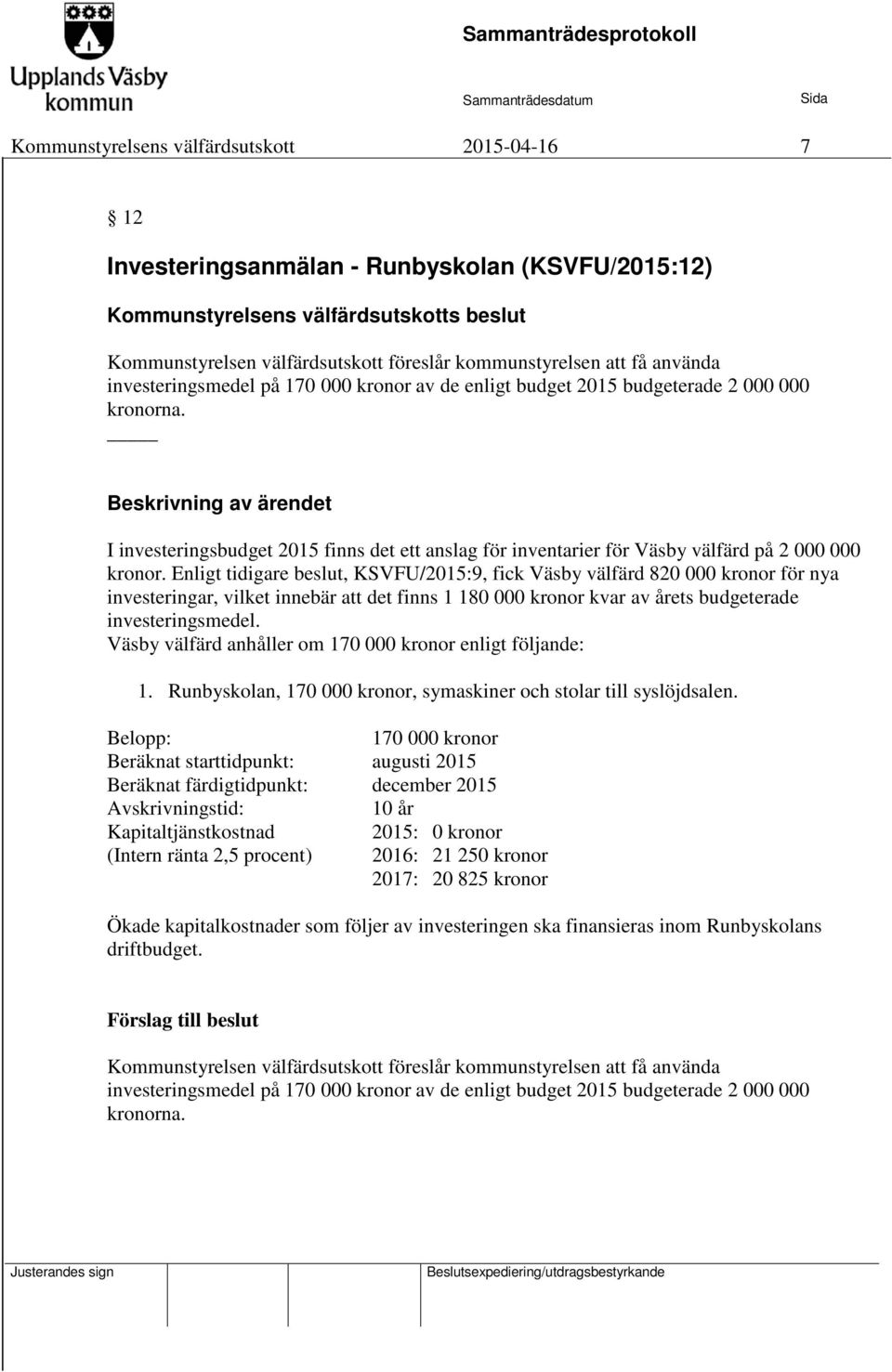 Enligt tidigare beslut, KSVFU/2015:9, fick Väsby välfärd 820 000 kronor för nya investeringar, vilket innebär att det finns 1 180 000 kronor kvar av årets budgeterade investeringsmedel.