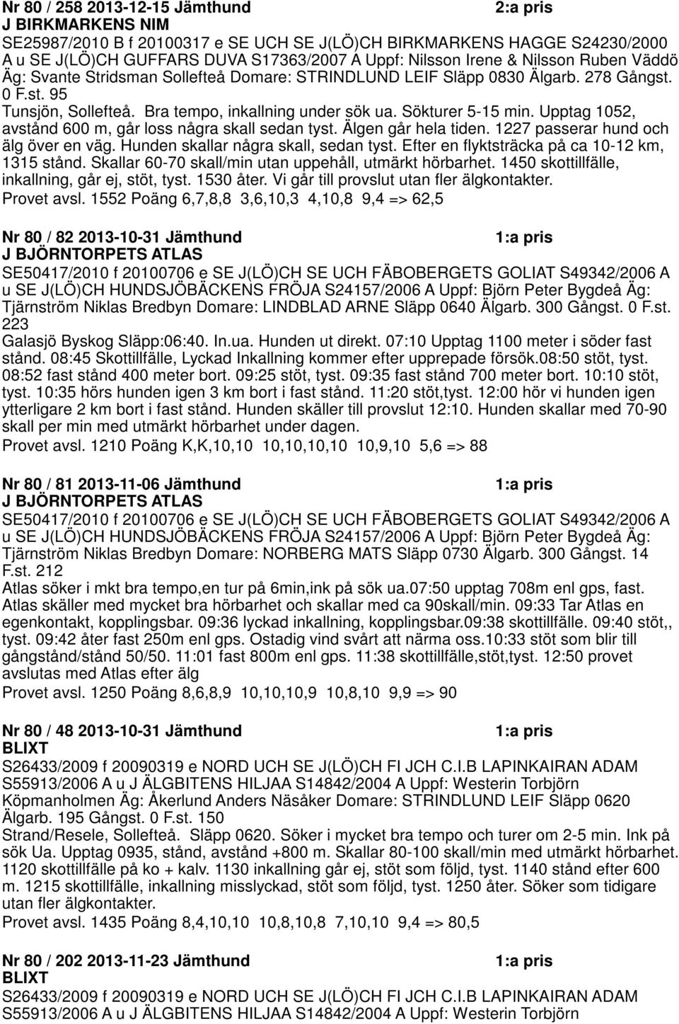 Upptag 1052, avstånd 600 m, går loss några skall sedan tyst. Älgen går hela tiden. 1227 passerar hund och älg över en väg. Hunden skallar några skall, sedan tyst.