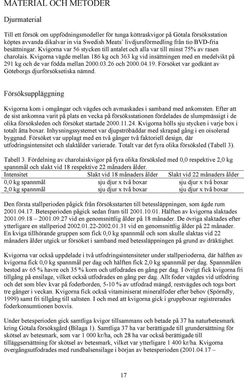 Kvigorna vägde mellan 186 kg och 363 kg vid insättningen med en medelvikt på 291 kg och de var födda mellan 2000.03.26 och 2000.04.19. Försöket var godkänt av Göteborgs djurförsöksetiska nämnd.
