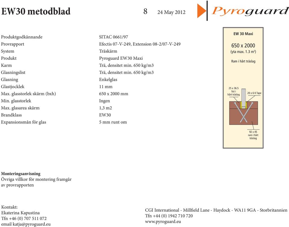 650 kg/m3 Enkelglas 11 mm 650 x 2000 mm 1,3 m2 EW30 EW 30 Maxi 650 x 2000 (yta