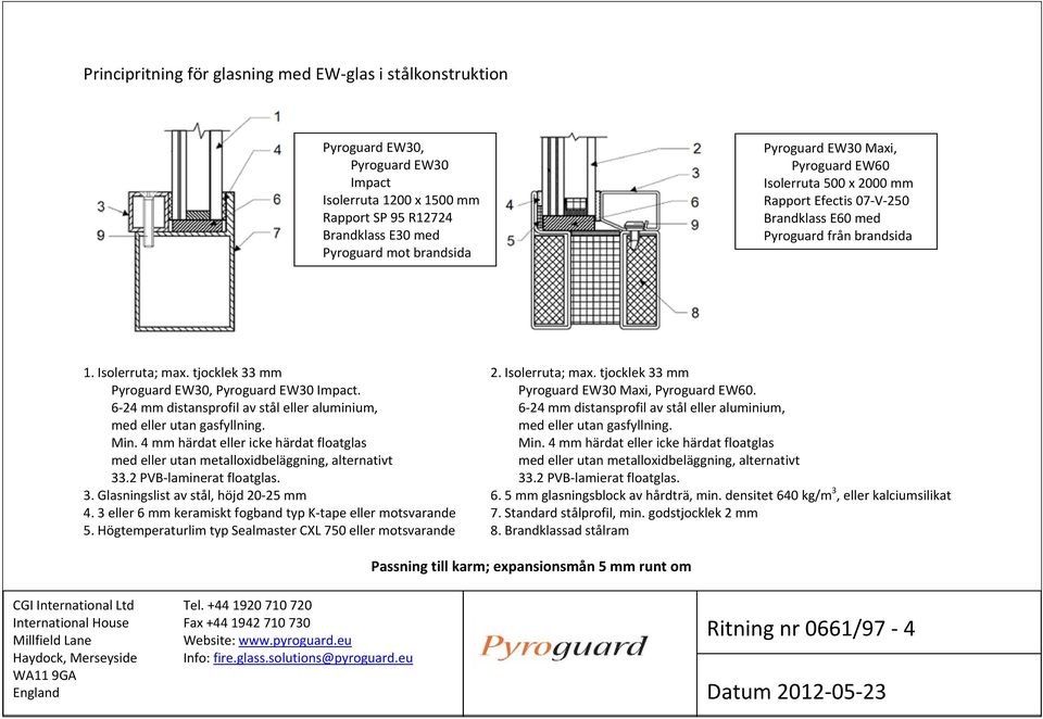 Pyroguard EW30 Maxi, Pyroguard EW60. 6 24 mm distansprofil av stål eller aluminium, 6 24 mm distansprofil av stål eller aluminium, med eller utan gasfyllning. med eller utan gasfyllning. Min.